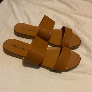 Faux Leather Dual Strap Sandals in Tan
